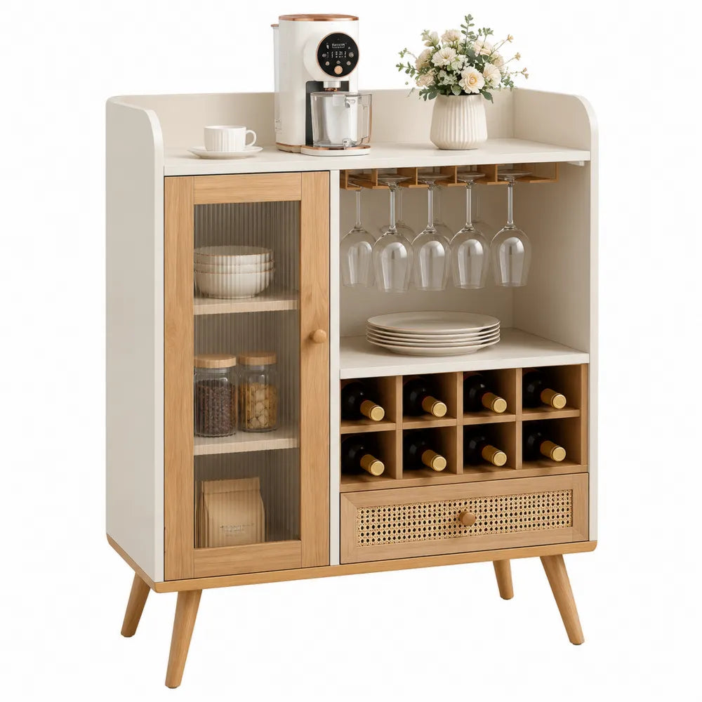 Credenza da Cucina in MDF e Legno con Porta in Vetro