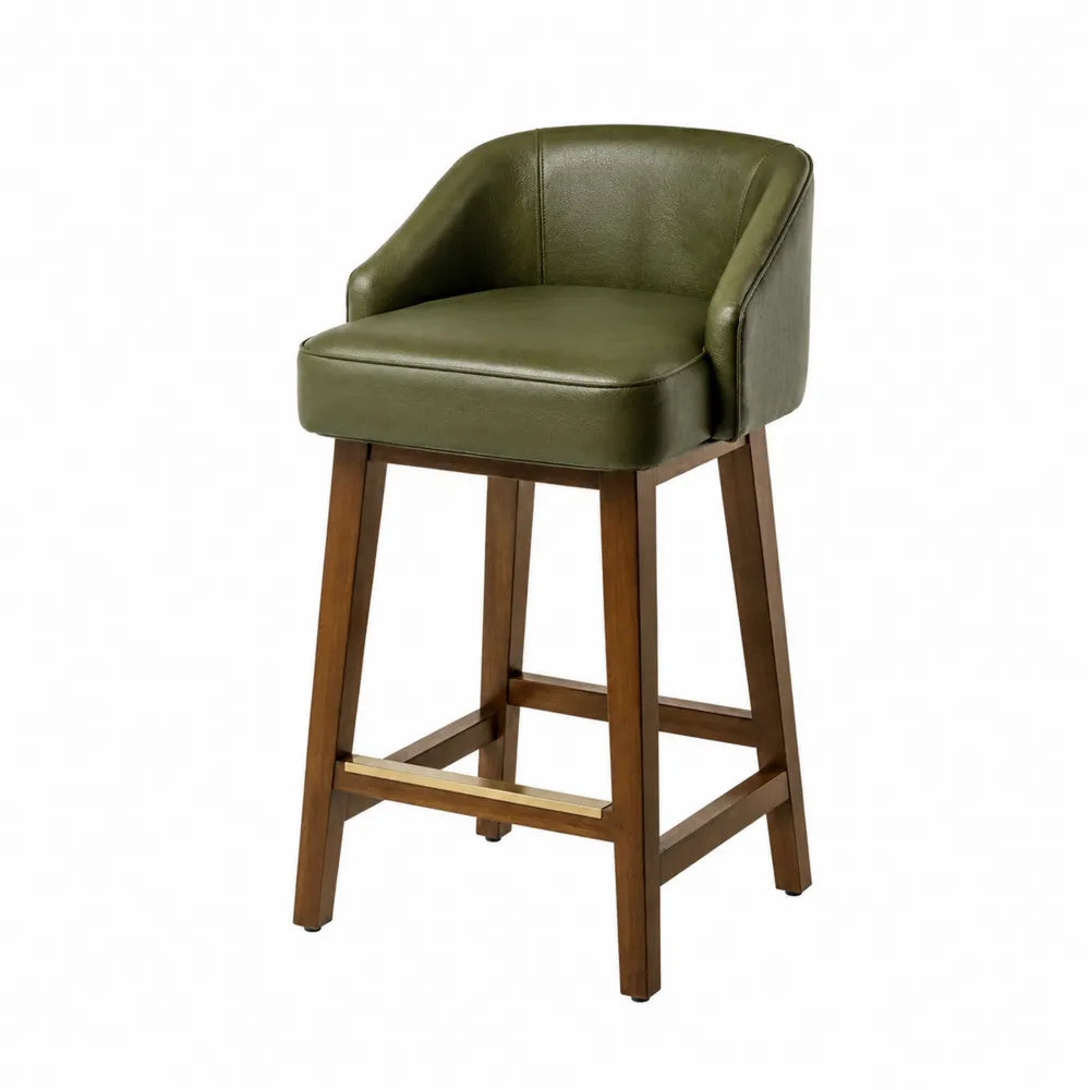Sgabello da bar in pelle sintetica verde con struttura in legno massello
