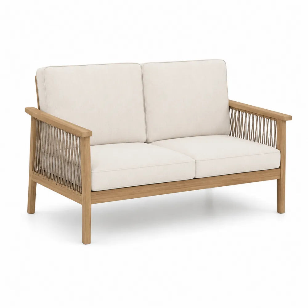 Divano per esterni in legno di teak e corda intrecciata con cuscini in poliestere beige