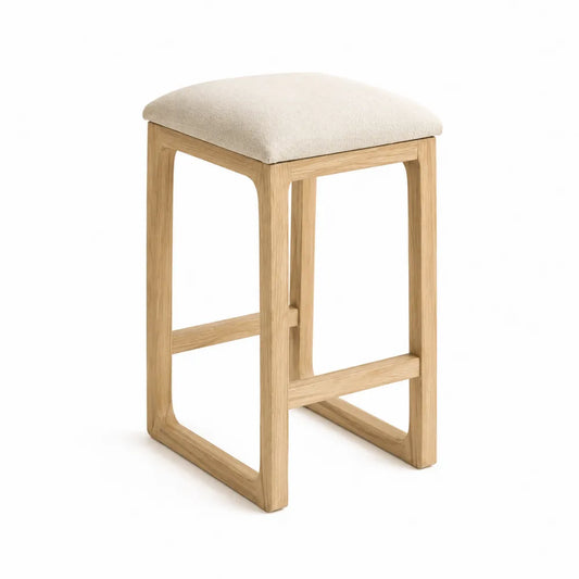 Sgabello in legno di quercia con seduta in tessuto di cotone beige