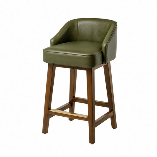 Sgabello da bar in pelle sintetica verde con struttura in legno massello