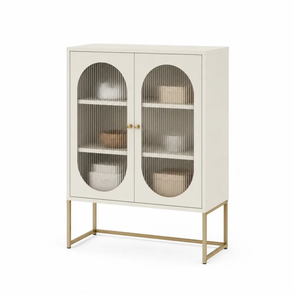 Credenza bianca in legno e vetro ondulato con base in metallo
