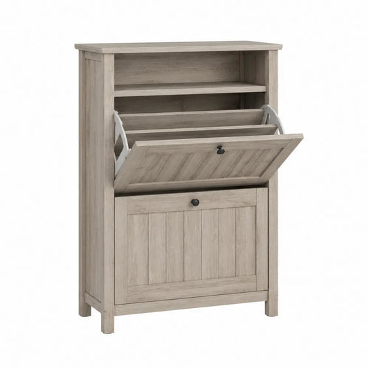 Scarpiera in Legno di Pino con Ribalta e Ripiani Beige 87x30x127 cm