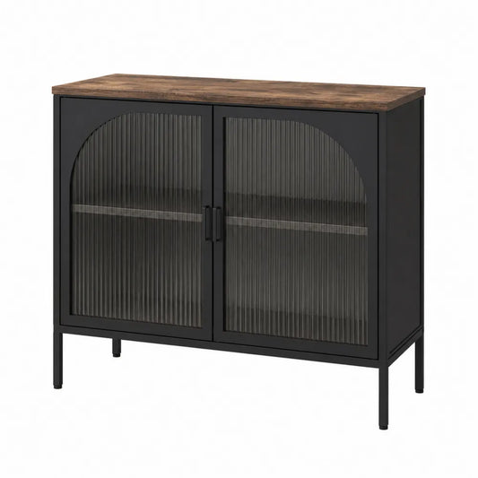 Credenza in metallo e legno con ante in vetro temperato a coste, nero e marrone