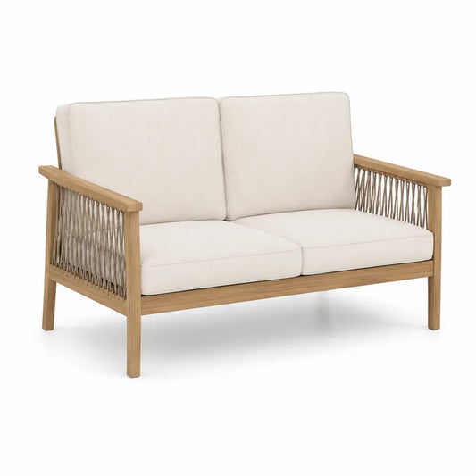 Divano per esterni in legno di teak e corda intrecciata con cuscini in poliestere beige